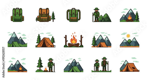 pixel art camping adventure icons backpacks tents campfires mountains and hikers perfect for outdoor game development and design.