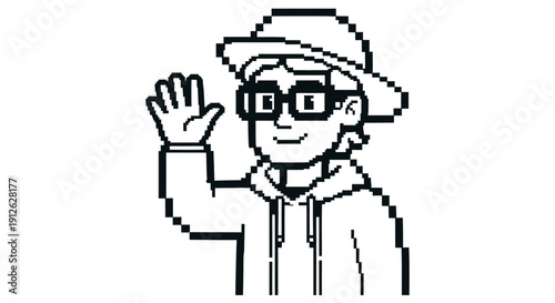 pixel art character in glasses and a hat waves hello a friendly retro digital avatar for game design and welcoming online content.