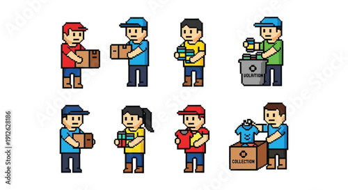 pixel art characters delivering parcels donating goods and collecting items illustrating community service charity and social responsibility.