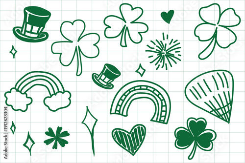 Hand-Drawn St. Patrick’s Day Doodle Icons Featuring Shamrocks, Leprechaun Hats, Rainbows, Hearts, and Festive Irish Symbols in Green Line Art on Grid Paper.