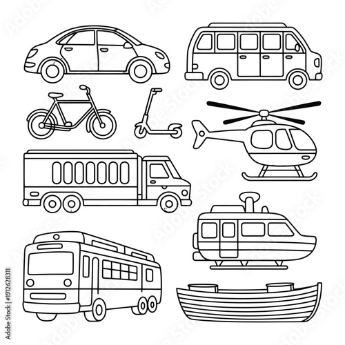 Various Transportation Illustration: A diverse assortment of transportation modes, each meticulously outlined in a crisp and clean illustration, captures the essence of movement and travel.