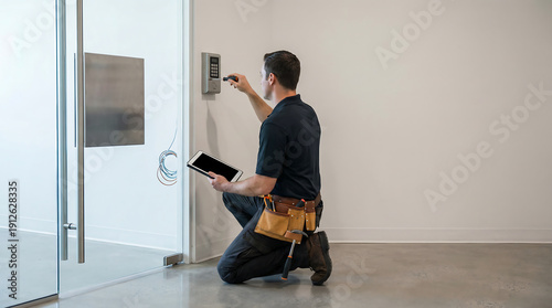 Commercial security technician installing smart door access keypad system using tablet for configuration and building entry control in modern facility