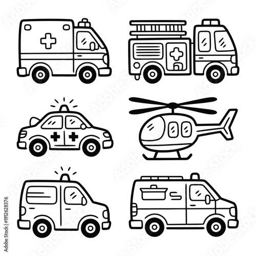 Emergency Vehicles Illustrations: An array of essential emergency vehicles are meticulously illustrated, each a symbol of rapid response and assistance in critical situations. 