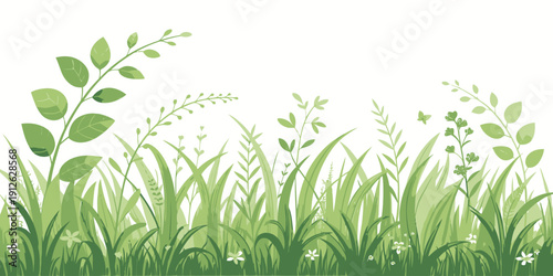 Lush green grass and leafy plants in a serene natural setting