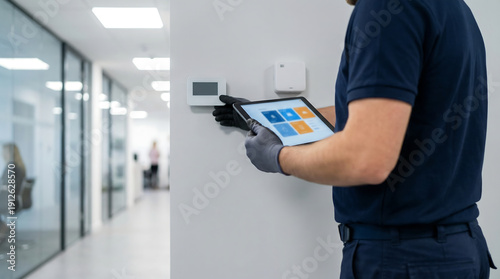HVAC technician calibrating smart thermostat wall sensor using tablet in commercial office for climate control energy efficiency and building automation