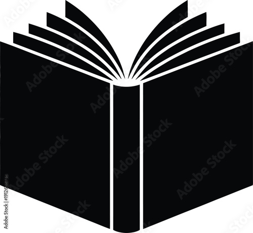 Perspective open book silhouette icon, minimalist black vector illustration for digital library, academic learning, literature, and knowledge sharing