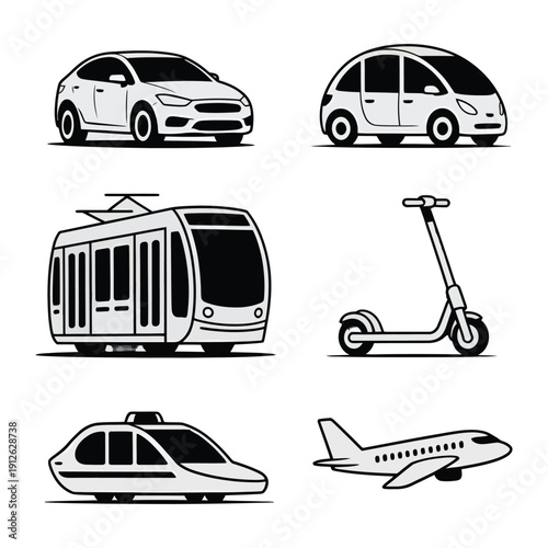 Transportation Icons: A collection of various transportation modes in simple, clean line art style. Ideal for illustrating movement and travel themes.