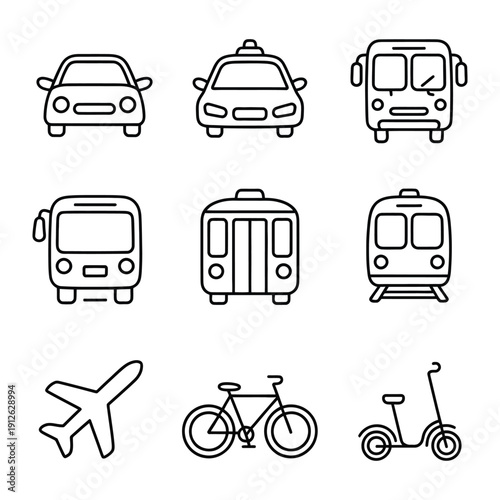 Transportation Icons Collection: A comprehensive set of line art icons depicting various modes of transportation. Ideal for conveying movement, travel, and mobility.