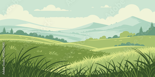 Serene green hills and mountains landscape with lush grass and trees