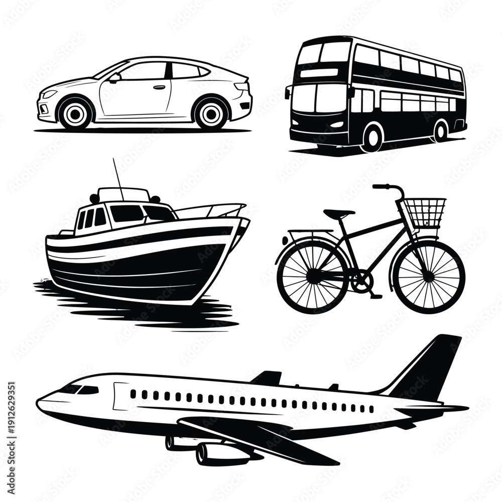 Obraz premium Transportation Collection: An illustrative collection showcasing various modes of transportation in a sleek, monochrome style. This set encompasses a sleek car, a double-decker bus, a stylish boat.