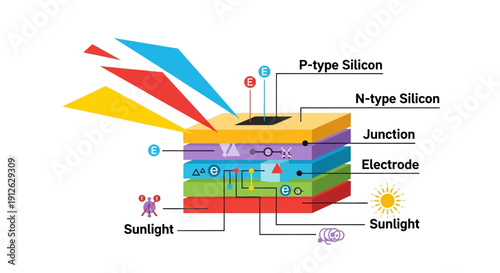 Photovoltaic Solar Cell Working Principle Diagram. Detailed cross-section structure, P-N junction layers, electron flow, and renewable energy conversion mechanism.