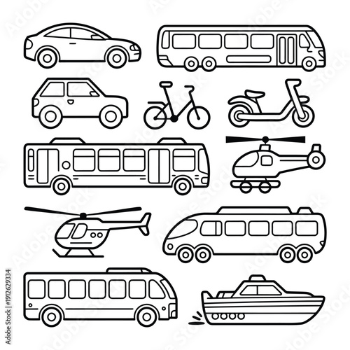 Transport Icon Collection: A meticulously curated collection of various transport icons. The image showcases the diversity of transport forms, from cars and bikes to helicopters and boats.