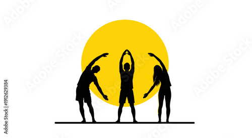 Fitness Group Stretching Silhouettes Against Yellow Sun. Minimalist Vector Illustration of People Exercising, Wellness, and Morning Workout.