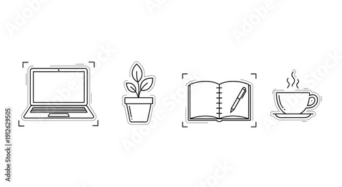 Set of icons: laptop, potted plant, open notebook with pen, and steaming coffee cup on white background