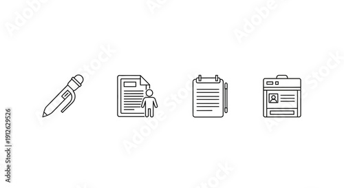 Set of icons: pen, document with person, notepad, id card. Business and office symbols.