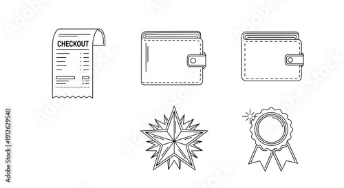 Set of Icons: Receipt, Wallet, Star, Badge - Business and Finance Icons