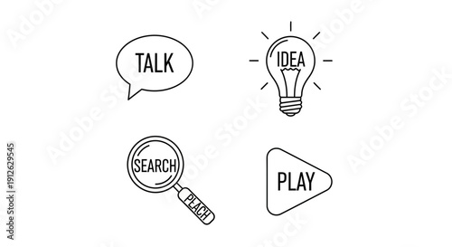 Set of icons: speech bubble with 'TALK', light bulb with 'IDEA', magnifying glass with 'SEARCH', play button with 'PLAY'