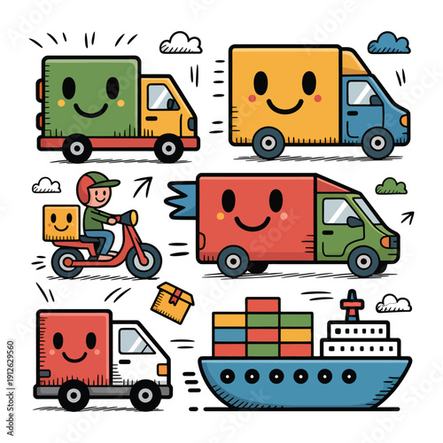 Delivering Smiles: A cheerful illustration of a fleet of delivery vehicles, including trucks, a scooter, and a cargo ship, all radiating positivity and efficiency.