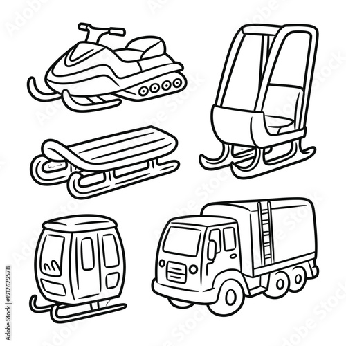 Transport Collection: A collection of various vehicles illustrated in a clean, uncluttered style, perfect for design assets. Featuring a snowmobile, snow sleigh, cable car.