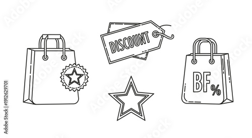 Shopping Bags, Discount Tag, Star Icon: Black and White Vector Graphics for Sales and Promotions