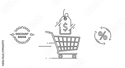 Shopping Cart with Discount Tag and Percentage Icons, Online Shopping Sale Concept