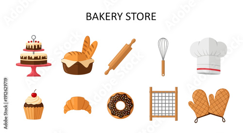 Collection of bakery items and tools with text BAKERY STORE