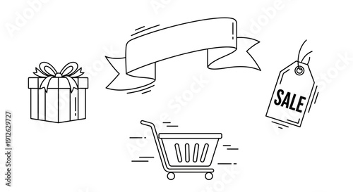 Shopping cart, gift box, sale tag and ribbon banner, hand-drawn sketch, e-commerce concept