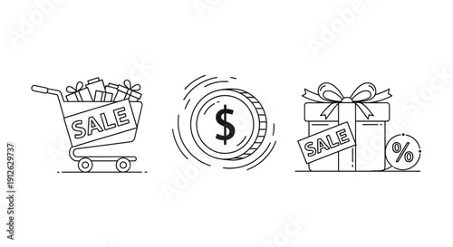 Shopping cart, dollar coin, gift box icons: sale, discount, shopping, business, finance