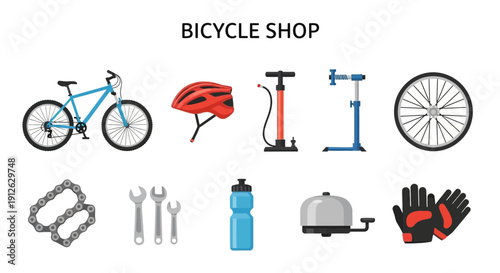 Collection of bicyclerelated items including a bike helmet pump tools and accessories
