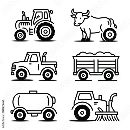 Farm Icons Collection: A collection of simple line art icons featuring essential farming elements like a tractor, a bull, a pickup, a trailer, a tanker and another tractor with a sweeper.