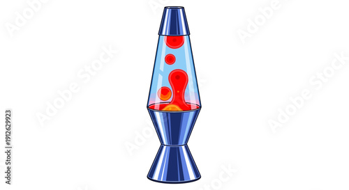 Vintage style lava lamp illustration glowing with red liquid wax bubbles flowing in a blue solvent. Nostalgic 70s and 90s decorative table lamp isolated on white background.
