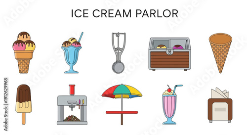 Collection of ten illustrated ice cream parlor icons in two rows
