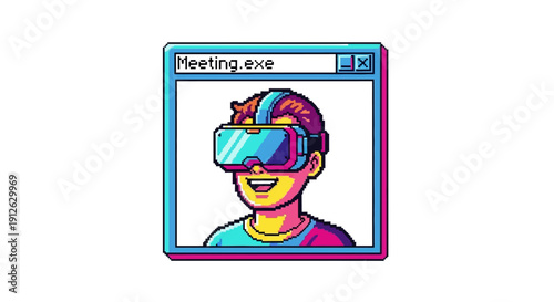 Pixel Art Metaverse Meeting in Retro Windows Interface. Happy Man Wearing VR Headset for Virtual Communication and Remote Work Collaboration.