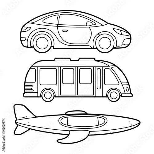 Transportation Trio: A stylized illustration presents a modern car, a sleek bus, and an airplane. Each mode of transport is precisely outlined, inviting the viewer to envision journeys.