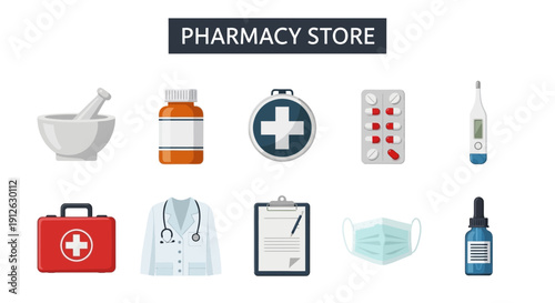 Flat illustration of pharmacy and medical items under a PHARMACY STORE banner