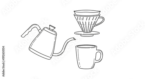 Pour Over Coffee Brewing: Kettle, Dripper, Mug - Hand Drawn Sketch