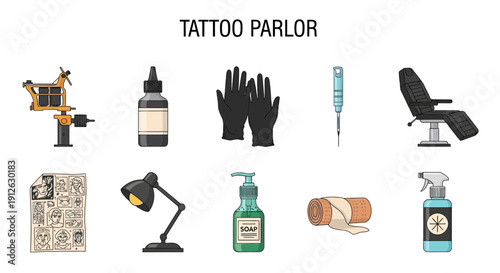 Flat illustration of ten tattoo parlor tools and equipment on a white background