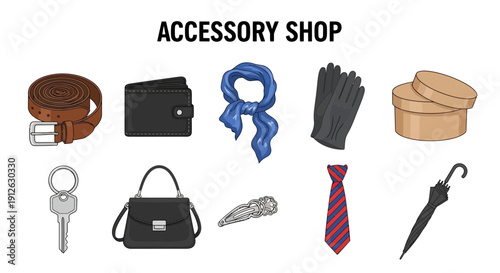 Illustration of various accessories displayed in two rows under the heading ACCESSORY SHOP