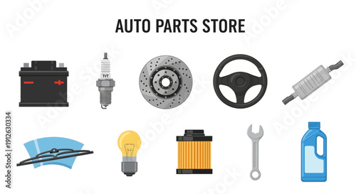 Illustration of ten common auto parts displayed against a white background under the title AUTO PARTS STORE