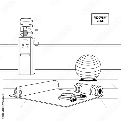 Workout equipment and water cooler in a fitness recovery zone
