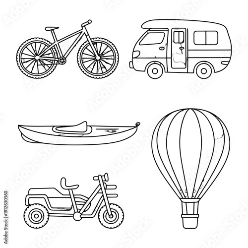 Vehicles of Adventure: A monochrome collection of transportation, including bicycle, van, kayak, motorbike, and hot air balloon, symbolizes journey and exploration. 