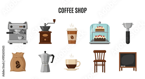 Illustration of various coffee shop equipment and items on a white background
