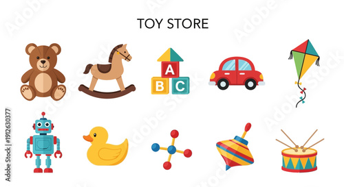 Illustration of various colorful toys arranged in two rows under the heading TOY STORE