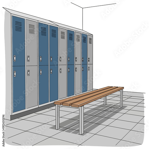 Row of gym lockers and a wooden bench in a changing room