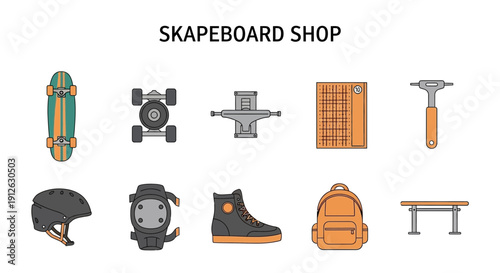 Skateboard shop icons display a complete board components gear and skate spot