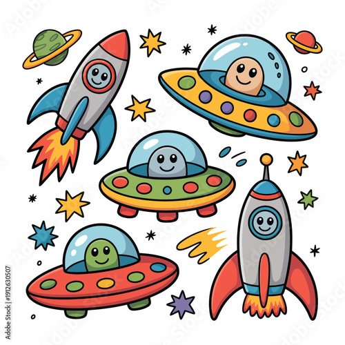 Celestial Whimsy: An adorable array of animated rockets and alien spaceships with delightful, childlike charm.