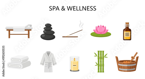 Spa and wellness icons arranged in two rows on a white background
