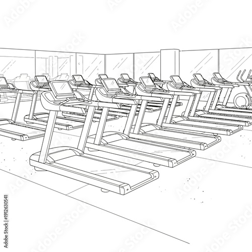 Modern gym interior featuring a long row of empty treadmills, illustrated in a clean, minimalist line art style ideal for fitness and workout concepts