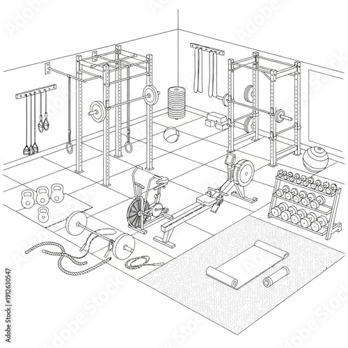 Gym equipment isometric illustration, weightlifting and cardio machines for workout