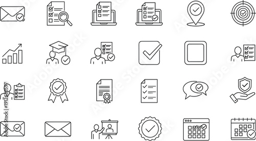 Set of verification line icons, checklist, approval, survey, success, target, quality control, certified, document, vector illustration collection isolated on white.